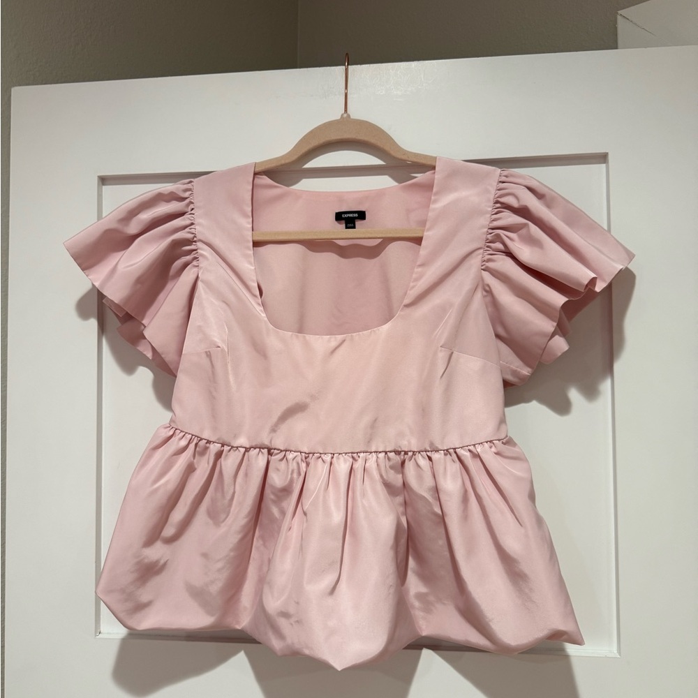 Express Square Neck Flutter Sleeve Peplum Babydoll Top